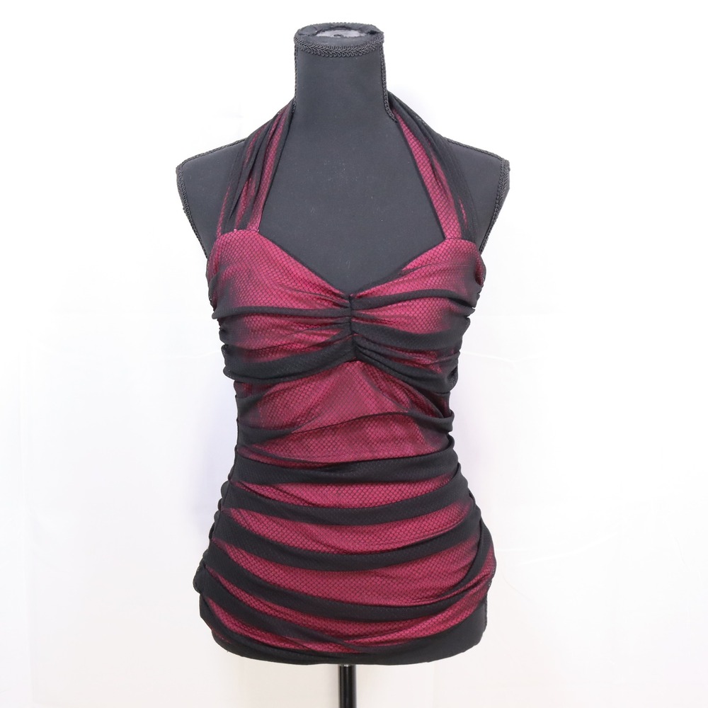bebe Halter Top M Red Black Womens Ruched Mesh Y2K Clubwear